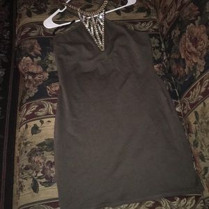 Olive green dress with gold & diamond chest piece